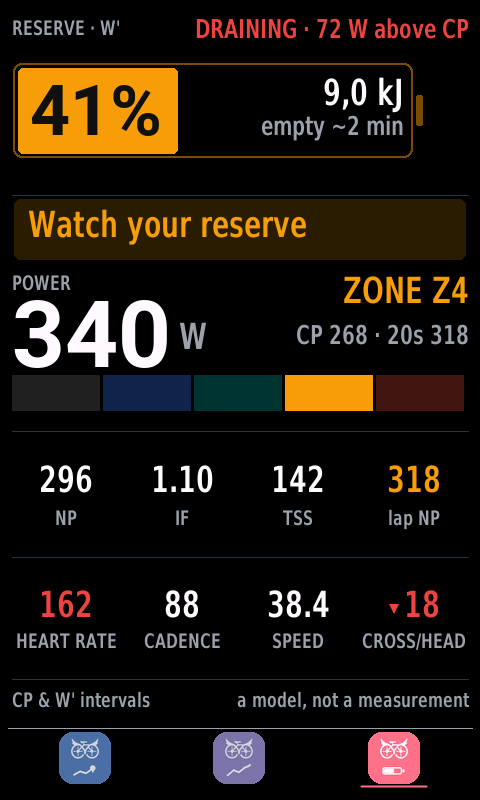 Sistema in Scorta mode on the Edge 1050 — the W′-balance battery
