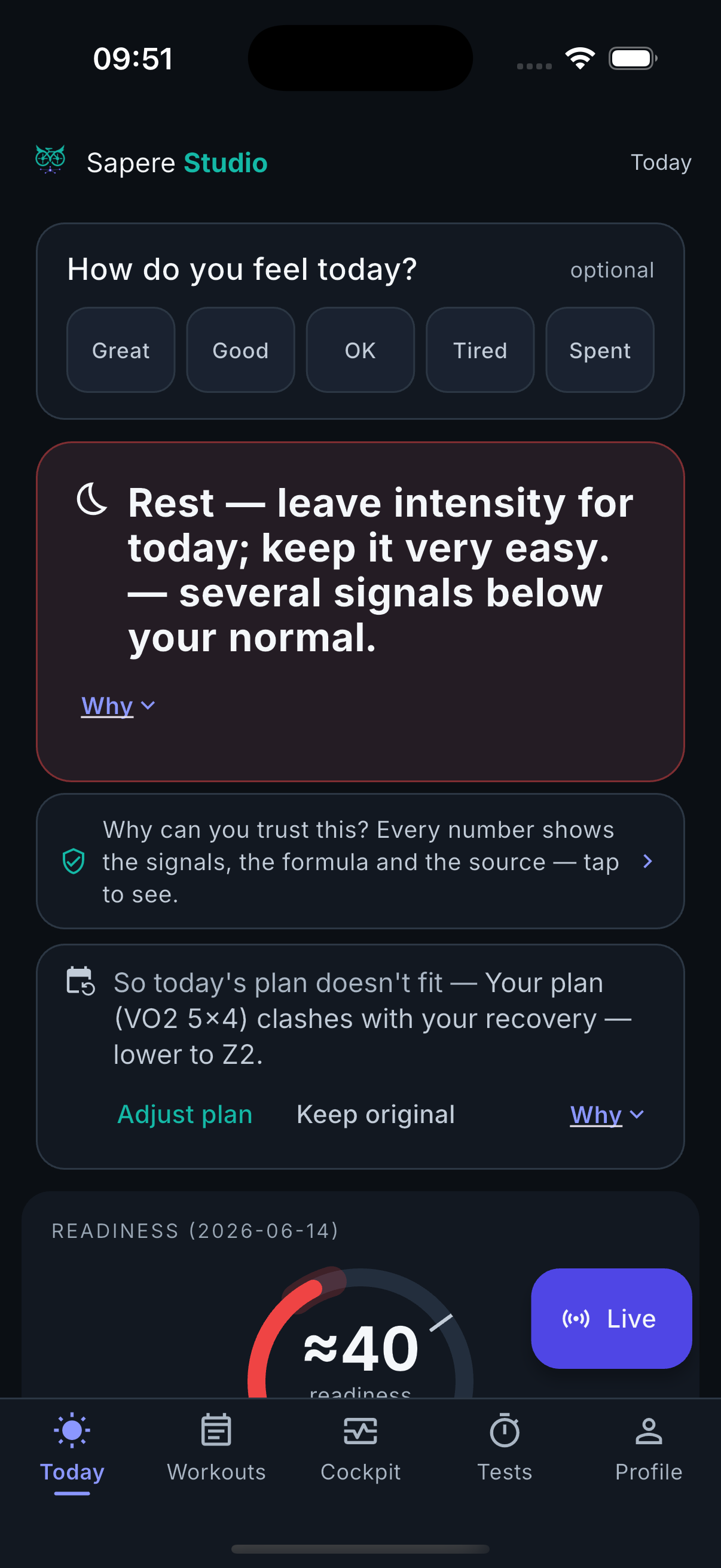 Studio's daily decision — Rest today, keep it very easy — with the reasoning one tap away